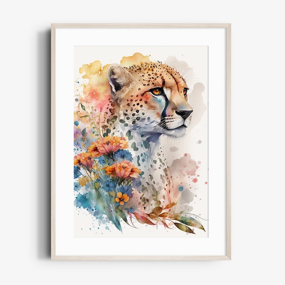Cute Floral Cheetah Watercolor Wall Art Illustration Print Poster Card Unframed - Picture 2 of 8
